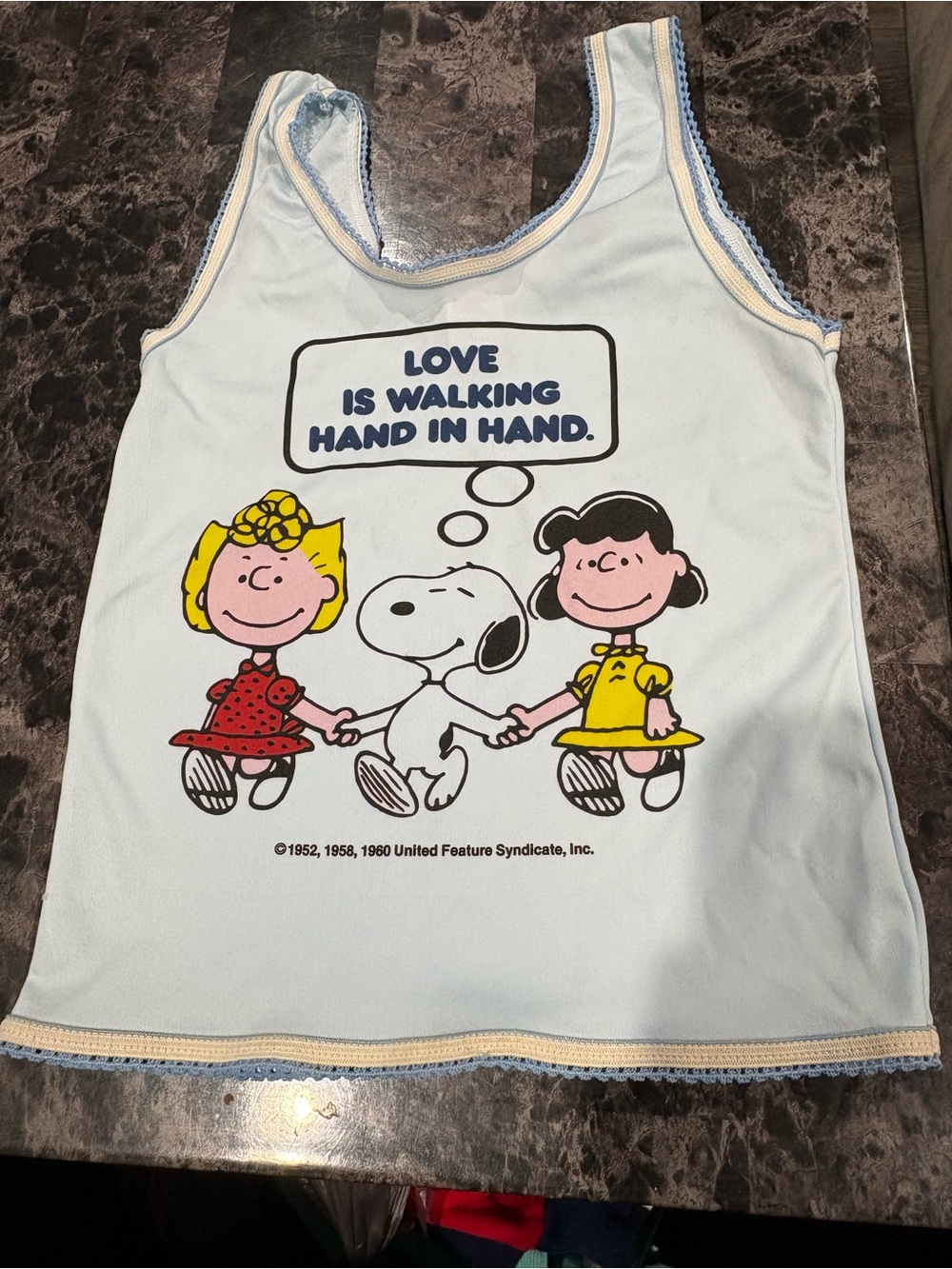 Vintage 70s Peanuts Snoopy Graphic Tank Top Light Blue with Yellow & Red Accents